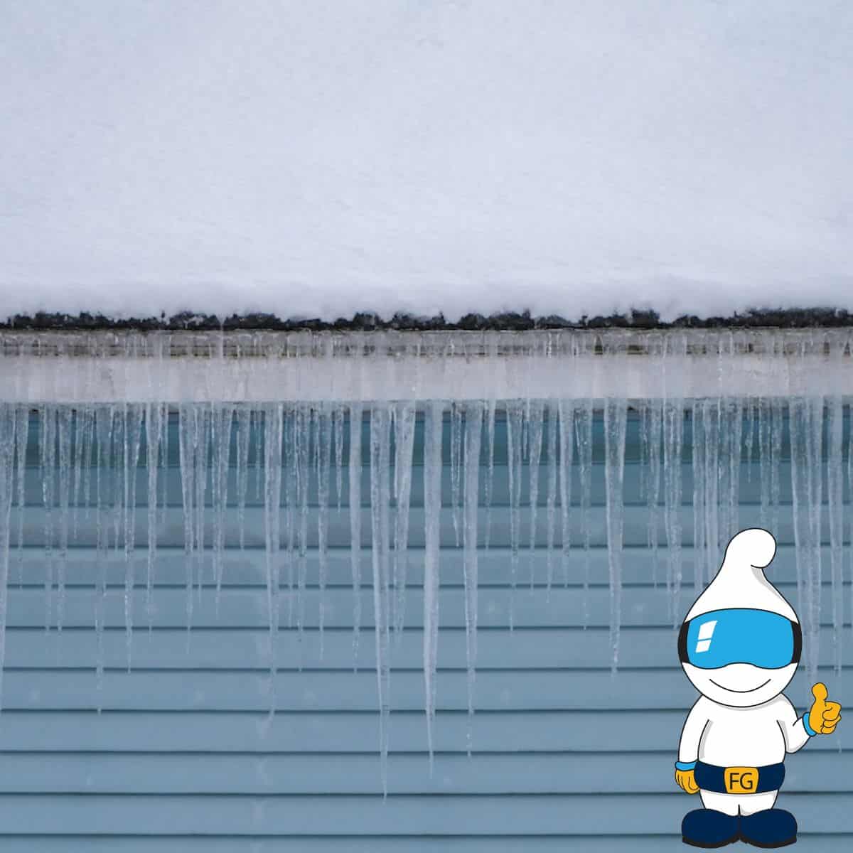 Louisville Foam Gnome standing next to house with ice dams
